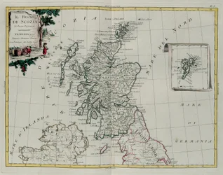 Skotské království, rytina G. Zuliani převzatá z Toma I. z nejnovějšího atlasu vydaného v Benátkách v roce 1776 Antoniem Zattou, soukromá sbírka