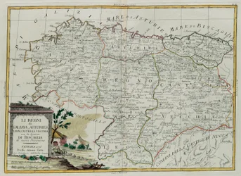 Království Galicie, Asturies, Leon, Castilla Vieja s Radou Biscallia, rytina G. Zuliani převzatá z Toma I. z Nejnovějšího atlasu vydaného v Benátkách roku 1776 Antoniem Zattou, Priva