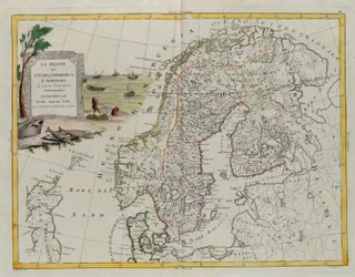 Království Švédska, Dánska a Norska, rytina G. Zuliani převzatá z Toma III z „Nejnovějšího atlasu“ vydaného v Benátkách v roce 1781 Antoniem Zattou, Soukromá sbírka