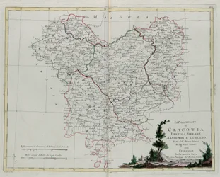 Falce Krakov, Lekzyca, Sieradz, Sandomir a Lublin, ryté G. Zuliani, převzato ze svazku III „Nejnovějšího atlasu“ vydaného v Benátkách v roce 1781 Antoniem Zattou, Soukromá sbírka