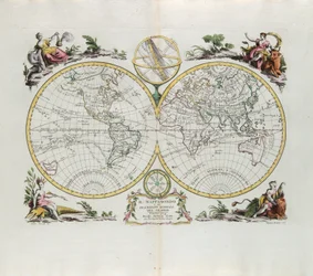 Mapa světa a obecný popis zeměkoule, rytina G. Zuliani převzatá z Toma I. z nejnovějšího atlasu vydaného v Benátkách v roce 1774 Antoniem Zattou
