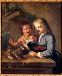 Dětská becquee Dexu dává ptáčkům třešně. Obraz Gabriela Greslyho (1712-1756) 18. století Dijon, Muzeum výtvarných umění
