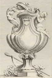 Návrh na vázu s faunem a nymfou, z Livre de Vase Book of Vases, deska 1..., 1742-50.