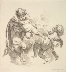 Tři děti mezi mraky nesoucí závěs, 1738-45.