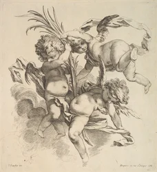 Tři děti mezi mraky poblíž palmového listu, 1738-45.