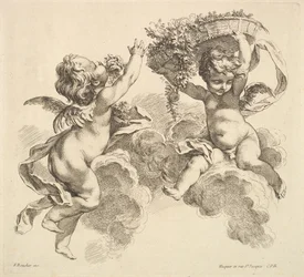 Dvě děti, jedno drží košík s květinami, 1738-45.