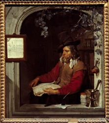Lékárník nebo chemik. Obraz Gabriel Metsu (1629-1667) Ec. Hol.