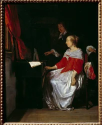Virginalova přednáška. Obraz Gabriel Metsu (1629-1667), ev. holt