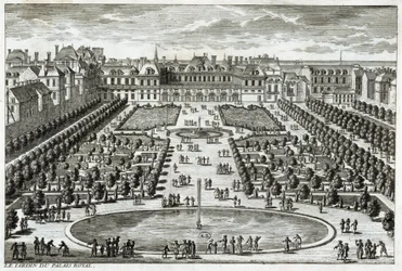 Pohled na Parc du Palais Royal v Paříži. Rytina Perelle, konec 17. století.