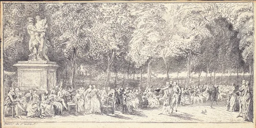 Setkání v Tuileries Gardens kolem sochy, 1760