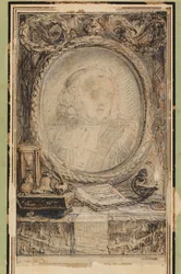 Alegorický rám s netopýrem, asi 1769 (kresba perem a tuší)