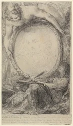 Alegorický rám s píšícím géniem a zahalenou ženou, asi 1769 (černá křída na papíře)