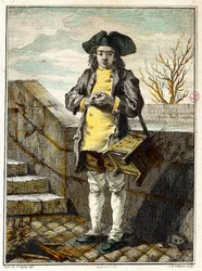 Staré metiery: čistič bot nebo čistič bot. Rytina Gabriela de Saint Aubin (1724-1780) Pařížské muzeum Carnavalet z 18. století