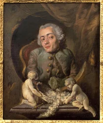 Portrét hrbáče. Obraz Gabriela Jacquese de Saint Aubin (1724-1780), olej na plátně. Francouzské umění 18. století. Muzeum výtvarného umění Rouen.