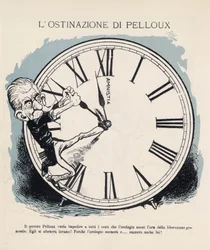 Karikatura předsedy italské ministerské rady Luigiho Pellouxe (1839-1924), který se snažil všemi prostředky udržet hodiny, aby v roce 1898 odbíjely hodinu všeobecného osvobození. Jeho vláda byla velmi militaristická a konzervativní. Viněta Gabriele Galanta
