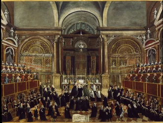 Obřad přebírání šatů jeptišky v kostele San Lorenzo v Benátkách Detailní malba Gabriele Bella (1730-1799) 1789 Rozměr 94x148 cm Benátky Fondazione “” Querini Stampalia””