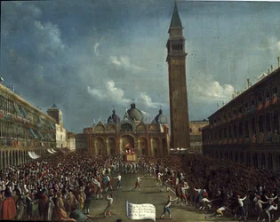 Průvod dóžete a rozdělování peněz občanům na náměstí svatého Marka - Obraz Gabriele Belly (asi 1730-1799). Benátky, nadace Querini Stampal