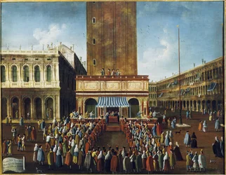 Veřejná loterie v Loggettě, Piazza San Marco, Benátky “” - Loterijní hra (slosování) v Loggettě na náměstí svatého Marka v Benátkách”” Obraz Gabriel Bella (1730-1799) Benátky 18. století, Nadace “ “Querini Stampalia”””