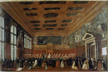 Přijetí velvyslanců na Collegiu (Benátky, přijetí velvyslance na Collegiu) - Obraz Gabriele Belly (asi 1730-1799), olej na plátně, 99x150 cm. Benátky, nadace Querini Stampalia