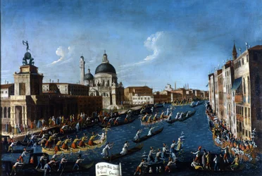 Benátská ženská regata na Canal Grande. Obraz Gabriel Bella. Druhá polovina 18. století. Benátky Raccolta Querini - Stampalia