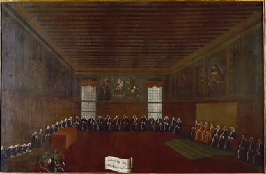 Pohled do místnosti kriminální karantény, Nejvyššího soudu nebo Rady čtyřiceti Obraz Gabriele Belly (1733-1799) Benátky 18. století, Fondazione “” Querini Stampalia””