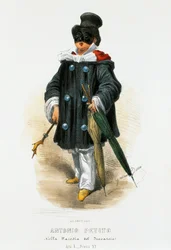Herec Antonio Petito (1822-1876) v jevištním kostýmu v parodii Trubadúr, litografie Gaetano Dura (1805-1874)
