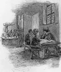 Renzo, Tonio a Gervase v hostinci, kapitola VII, ilustrace Gaetana Previatiho (1852-1920) pro Věrnost, historický román Alessandra Manzoniho (1785-1873)
