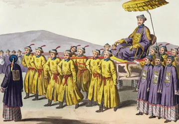 Císař Chien Lung nesl v Triumphu, deska 18 z Le Costume Ancien et Moderne od Julese Ferraria, vydáno kolem 20.–30. let 19. století