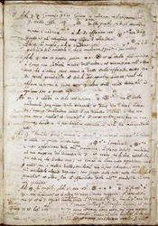 Stránka "Sidereus Nuncius", na které Galilee pojmenovává čtyři hvězdy jako Medicea Sidera nebo Pianeti Medicei (Planetes mediceennes): rukopis italského astronoma a fyzika Galileo Galilei dit Galilee (1564-1642) napsal pro Cosimo de Medicis (Cosimo