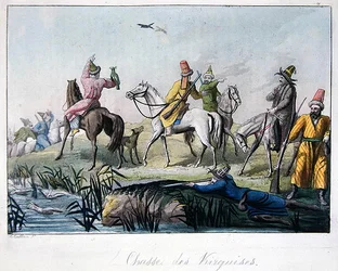 Kirgizští lovci střílející a lovící se sokoly, ilustrace z „Le Costume Ancien et Moderne“ od Julese Ferraria, vydané v Miláně kolem 20.–30. let 18. století (barevná rytina)