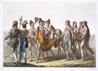 Vdovy domorodých Američanů přistupují k náčelníkovi pro povolení k novému sňatku, deska 57 z „Le Costume Ancien et Moderne“ od Julese Ferraria, vydáno kolem 20.–30. let 19. století