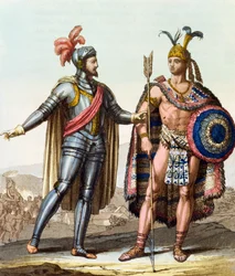 Setkání Hernána Cortése (1485-1547) a Montezumy II. (1466-1520) z díla „Le Costume Ancien ou Moderne“ od Julese Ferraria, Milán, kolem roku 1820