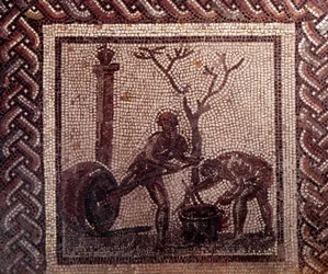 Gallo Roman Art: mozaiková dlažba představující rustikální kalendář. Jar postering scéna. Konec 2., začátek 3. století po JC. Ze Saint-Romain-en-Gal (Rhone). Saint Germain en Laye, Národní muzeum archeologie