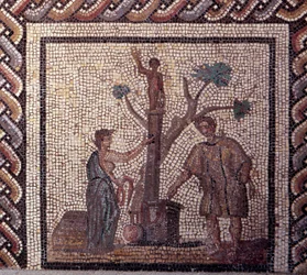 Gallo Roman Art: mozaiková dlažba představující rustikální kalendář. Scéna oběti v Ceres a Apollo. Konec 2., začátek 3. století po JC. Ze Saint-Romain-en-Gal (Rhone). Saint Germain en Laye, Národní muzeum archeologie