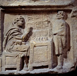 Art Gallo Romain: pekárna. Klient kupuje chleba od pekaře. Metz, Musee des Beaux Arts.