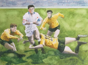 Rugby Match: Anglie vs. Austrálie ve finále Světového poháru, 1991, Will Carling se potýká (wc)