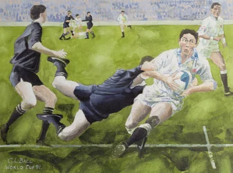 Rugby Match: Anglie proti Novému Zélandu na mistrovství světa, 1991, Rory Underwood se potýká (wc)