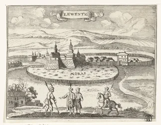 Pohled na Levice Místopisné snímky Rakouska, Maďarska a Balkánu (název série) Stručný popis a aen-wysinghe der plaetsen in desen boeck, s jejich teghen slovy, stojící, trefně uyt-ghebeldt, v Oostenryck (seriál