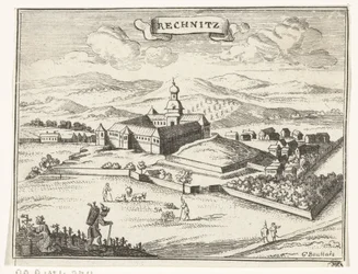 Pohled na Rechnitz Místopisné snímky Rakouska, Maďarska a Balkánu (název série) Stručný popis a aen-wysinghe der placesen in desen boeck, s jejich teghenskými slovy, stojící, vhodně uyt-ghebeldt, v Oostenryck (ser