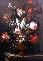 Zátiší tulipánů, pivoněk, narcisů a dalších květin (olej na plátně)
