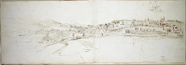 Pohled na Urbino z Colle di San Donato (křída na papíře)