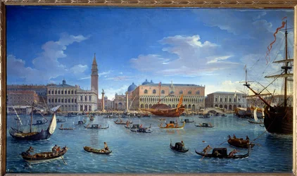 Pohled na Benátky, molo, náměstí a Dóžecí palác z ostrova svatého Jiří (San Giorgio), 1697, rozměry 1,74 x 0,98 m, Madrid, Museo del Prado