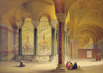 Hagia Sophia, deska 11: Galerie Meme v jihozápadním rohu, vyryla Louis Haghe (1806-85) publikoval 1852