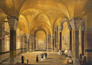 Hagia Sophia, deska 12: Galerie Meme v jihozápadním rohu, vyryla Louis Haghe (1806-85), publikováno 1852