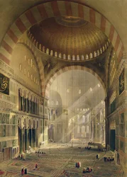 Hagia Sophia, deska 24: interiér centrální kopule se sníženými lustry, rytý Louis Haghe (1806-85), publikováno 1852