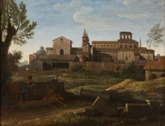 Italská krajina s výhledem na Saint Giovanni in Laterano, kolem 1672-75 (olej na plátně)