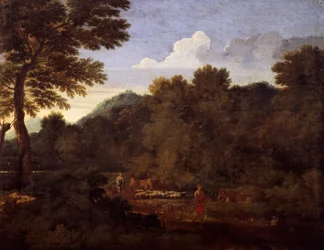 Krajina se stádem ovcí, od Gasparda Dugheta (1615-1675), olej na plátně, 50x66 cm.