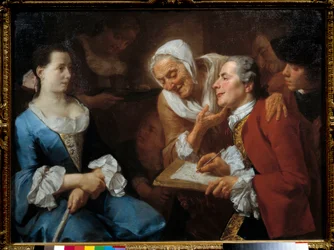 Malíř a jeho model, za ním stará žena natahuje krk, aby sledovala její kresbu. Obraz Gaspare Traversi (1732- 1769) 1754 Ne. 0,99x0,73 m