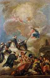 Svatí dominikánští ve slávě, cca 1750, Gaspare Diziani (1689-1767), olej na plátně, 64x42 cm, skica pro klenbu v kostele sv. Bartoloměje v Bergamu