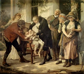 První očkování Edwarda Jennera (1749-1823), britského lékaře, který objevil vakcínu proti pravým neštovicím. Malba Gastona Mélingua (1840-1914), 1796. Paříž, Akademie medicíny